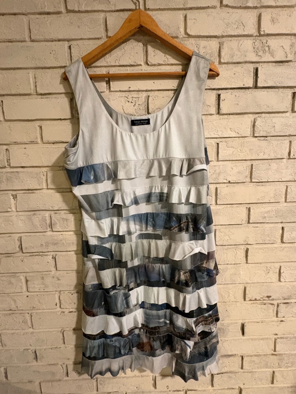 TANGO MANGO XXL Sleeveless Ruffle Stripe Dress in moody greens/grays EUC